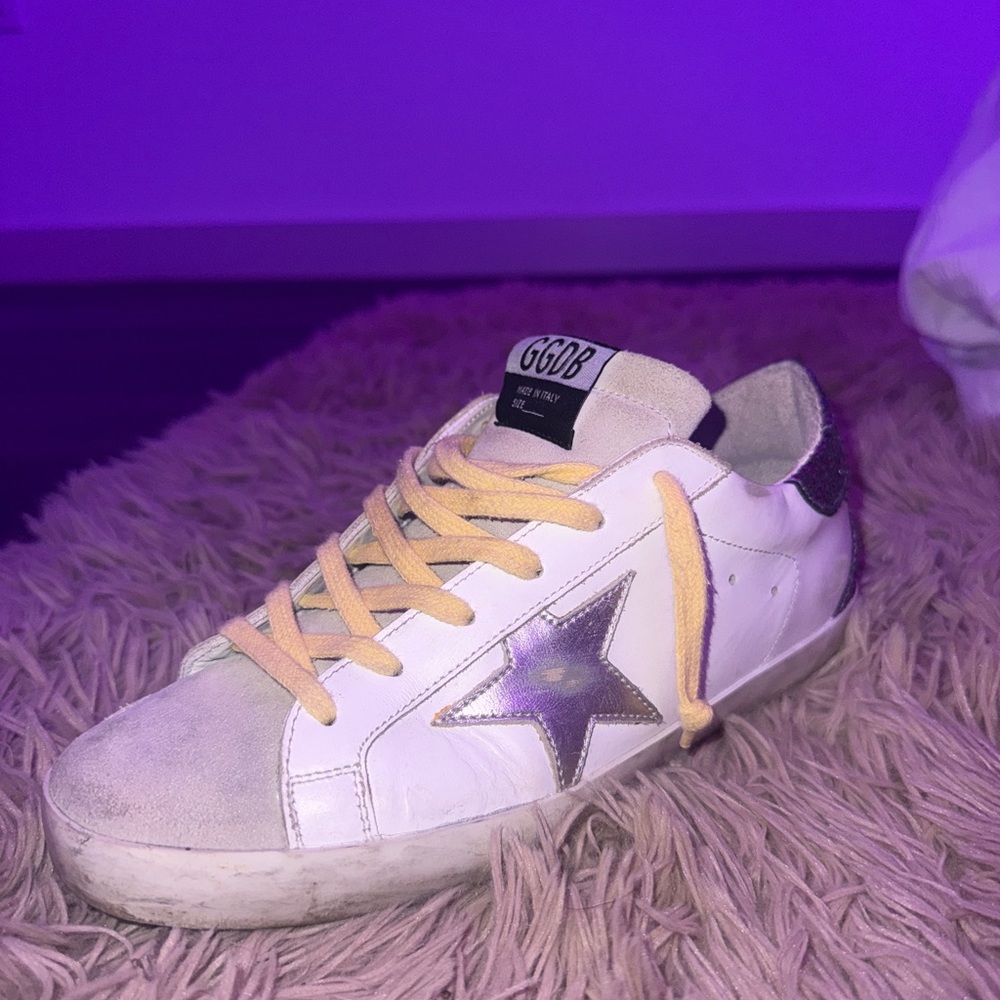 Golden Goose White and Purple Star Sneakers